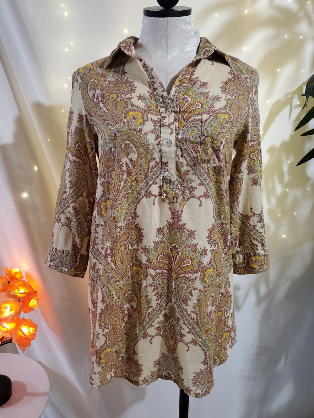 Anthropologie Ellison Womens Paisley Boho Shell Button Tunic Top Size S Earthy